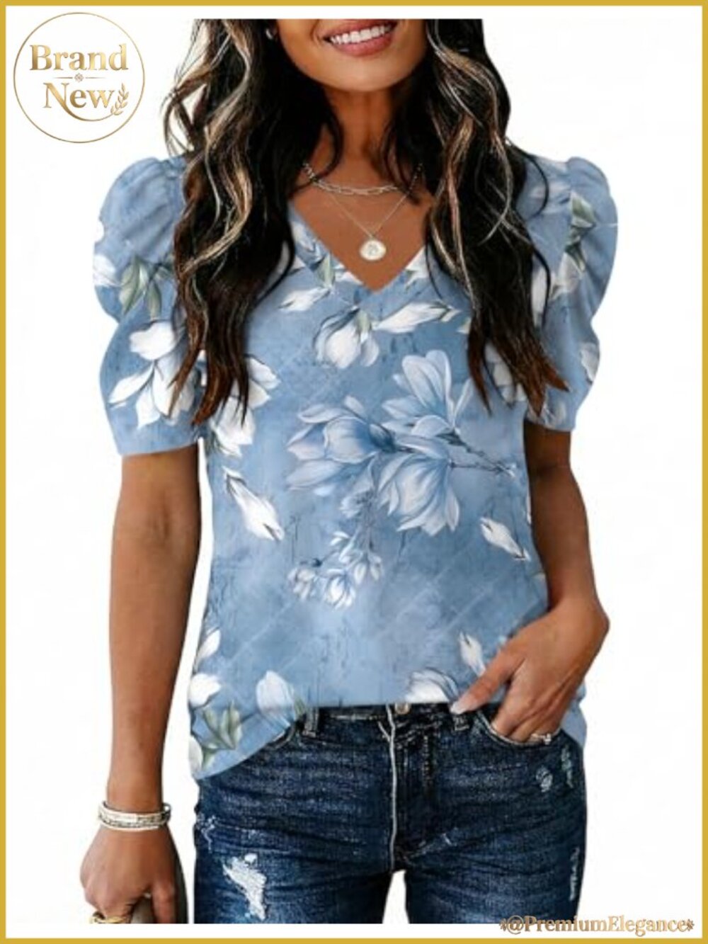Women's V Neck Puff Sleeve Blouse Peasant Top Floral